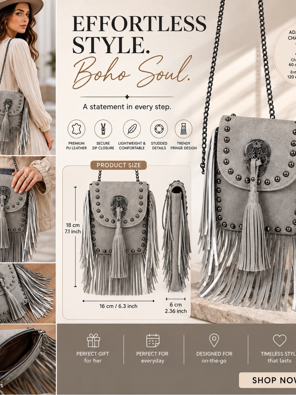 Boho Soul Fringe Crossbody Bag - Gray